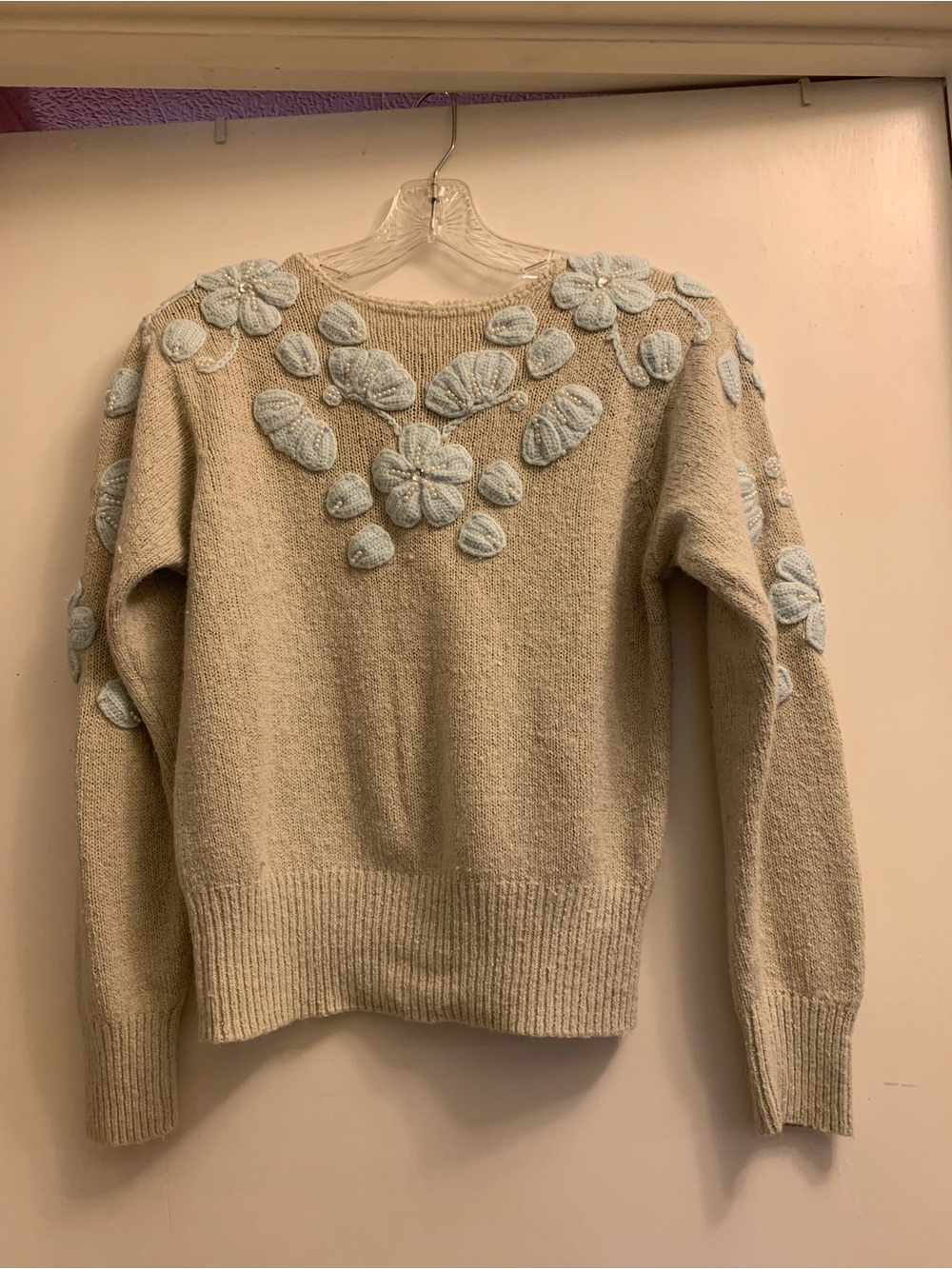 Jaclyn Smith Cream Crewneck Sweater with Pale Blue Floral Appliqués